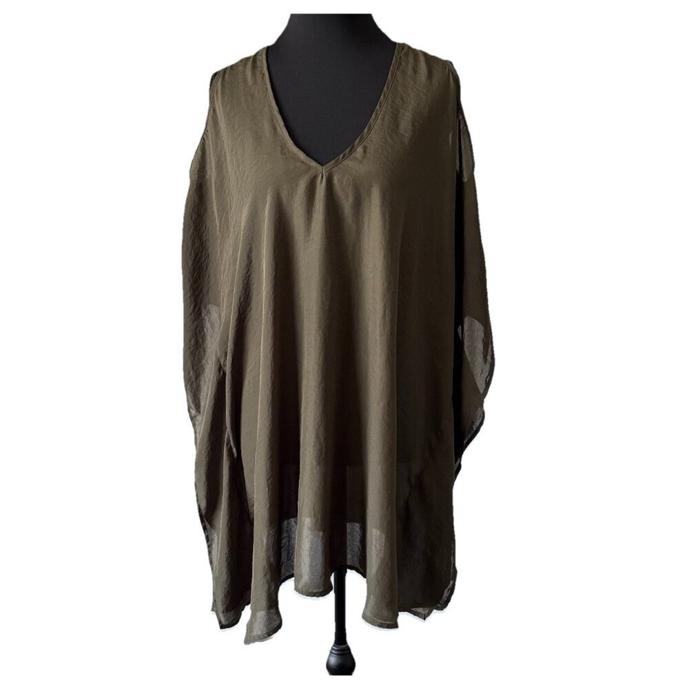 Show Me Your Tunic Top XS Olive Green‎ Sheer Pullover Oversized Lagenlook Resort